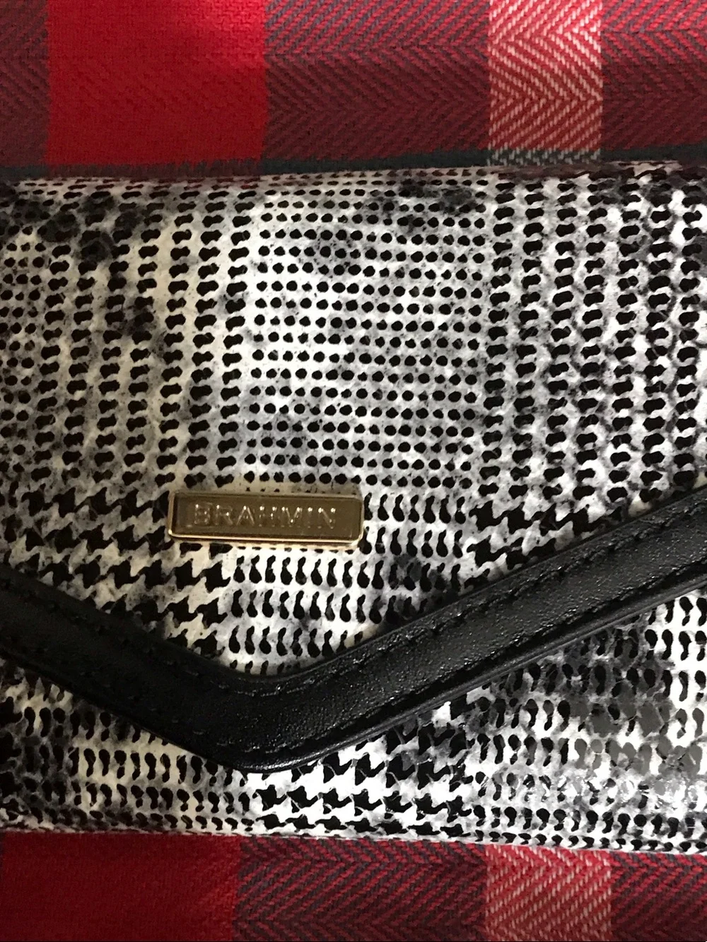 Brahmin Black & White Snake-Print Envelope Clutch